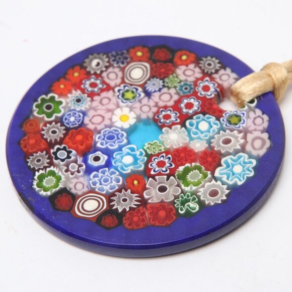 Vintage Murano Style Millefiori Glass Pendant Necklace Mosaic Floral Blue Italy - Picture 7 of 9